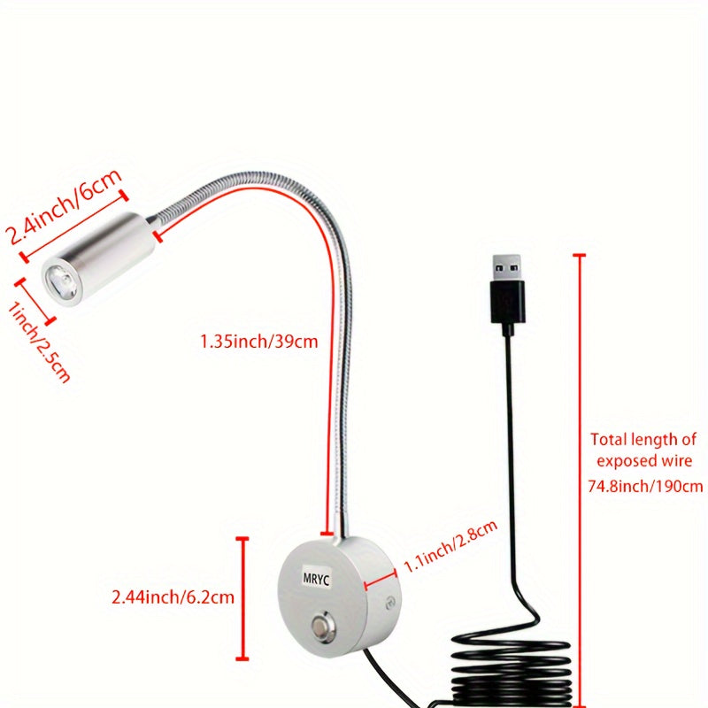 Linterna de Lectura LED con Foco Intenso, Luz Colgante de Pared con Cuello de Ganso Flexible, Interruptor Regulable Táctil, 3 Modos de Color, Luz Nocturna para Mesita de Noche y Escritorio