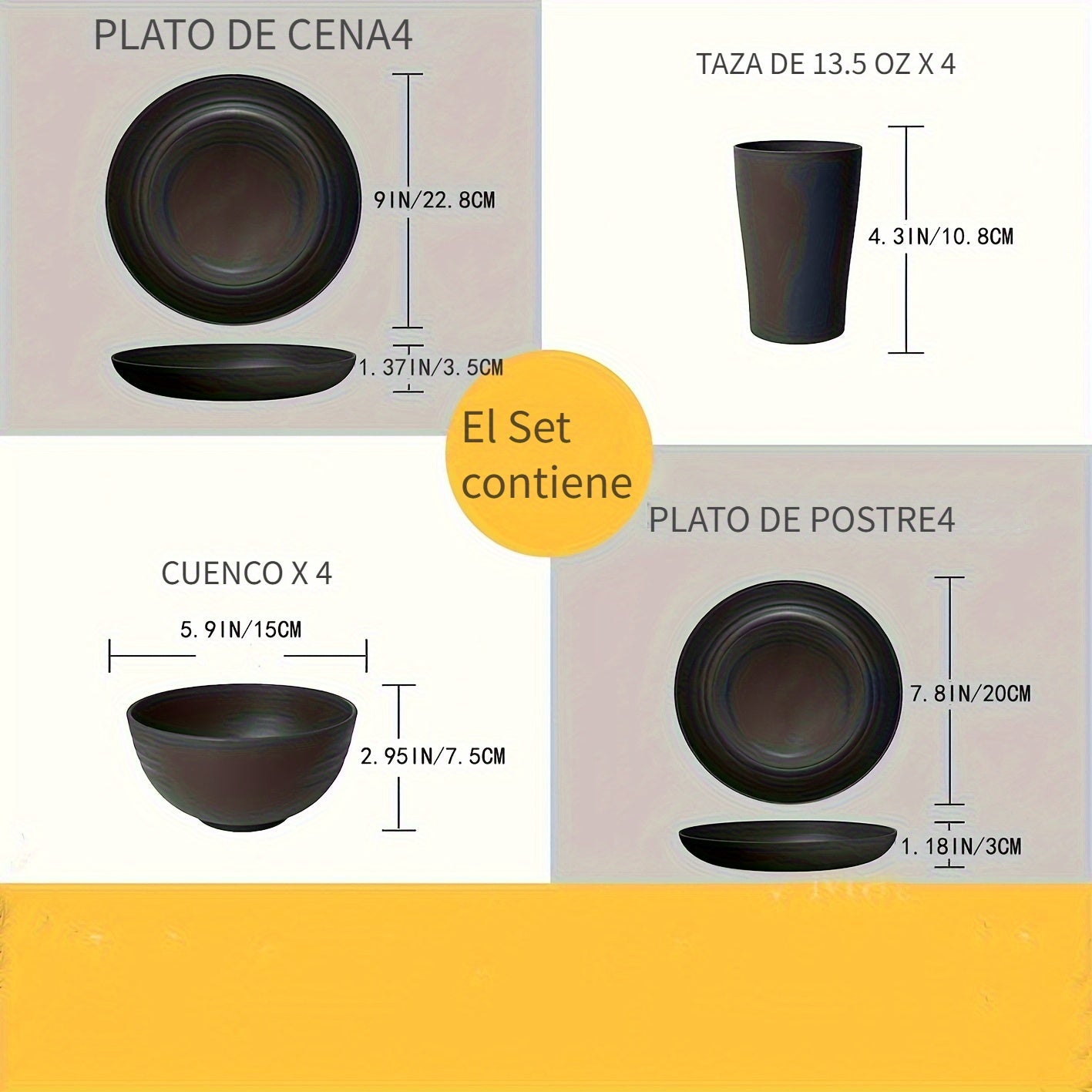 Juego de vajilla familiar premium para exteriores - 16 piezas irrompibles, aptas para microondas y lavavajillas, set negro con 8 platos, 4 tazones y 4 tazas