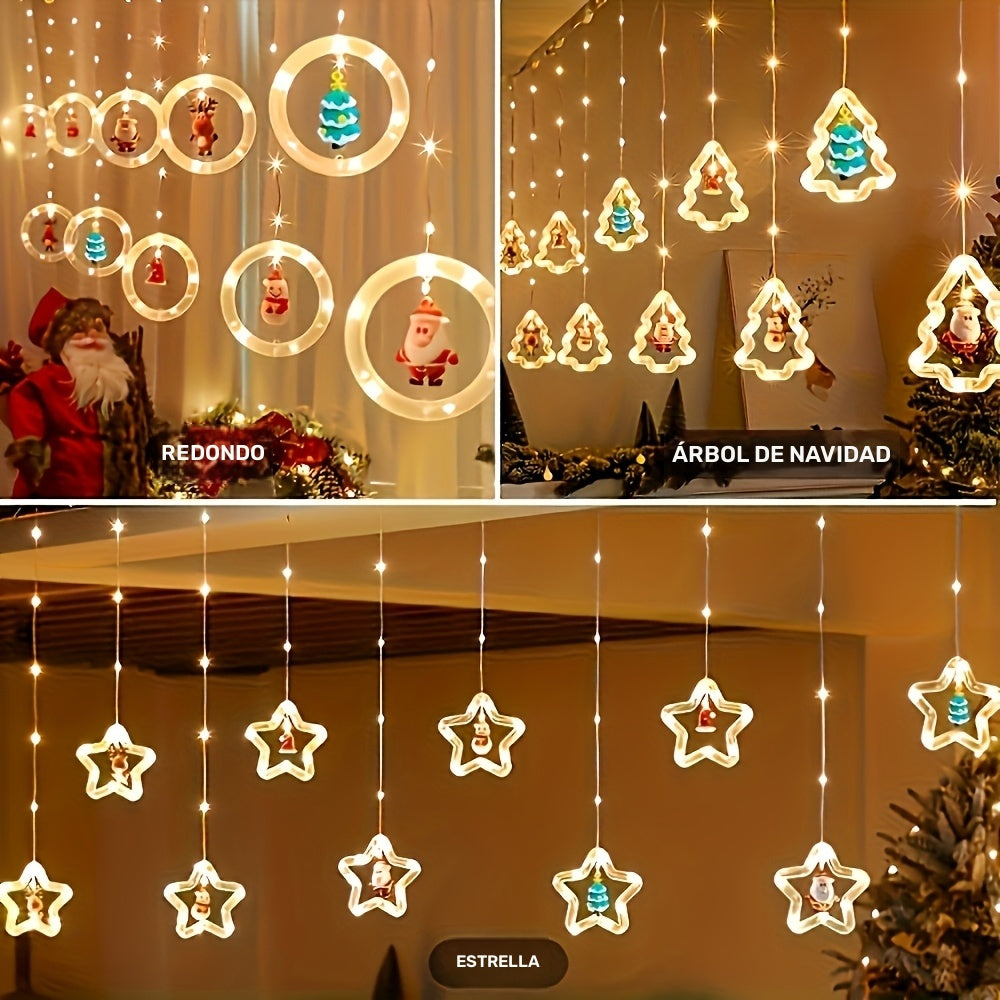 Luces de Cortina LED LiHangStar con Adornos de Santa, Muñeco de Nieve y Alce - Control Remoto por USB, Regulables en 8 Modos, Luces Estelares Amarillas Cálidas para Dormitorio Navideño, Fiesta, Boda, Cobertura de 15m²