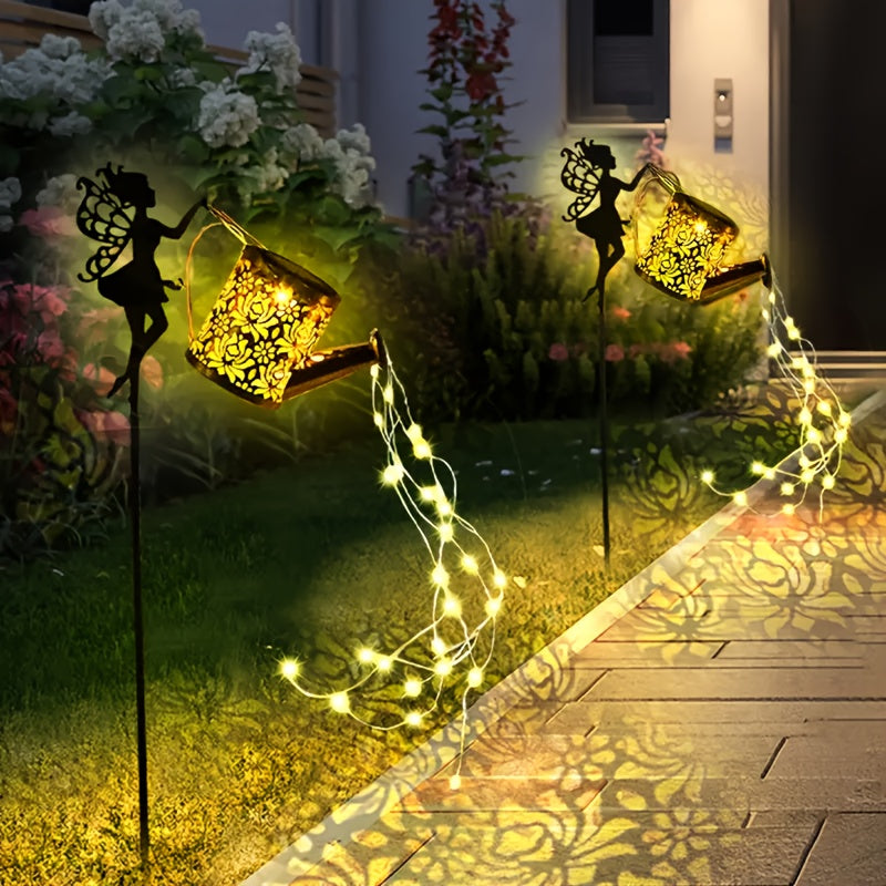 Linterna de sol para exteriores con forma de tetera y luces de cuerda, lámpara decorativa colgante en forma de ángel solar, lámpara de cascada solar, adecuada para caminos de jardín del patio, terraza del hogar y regalos festivos