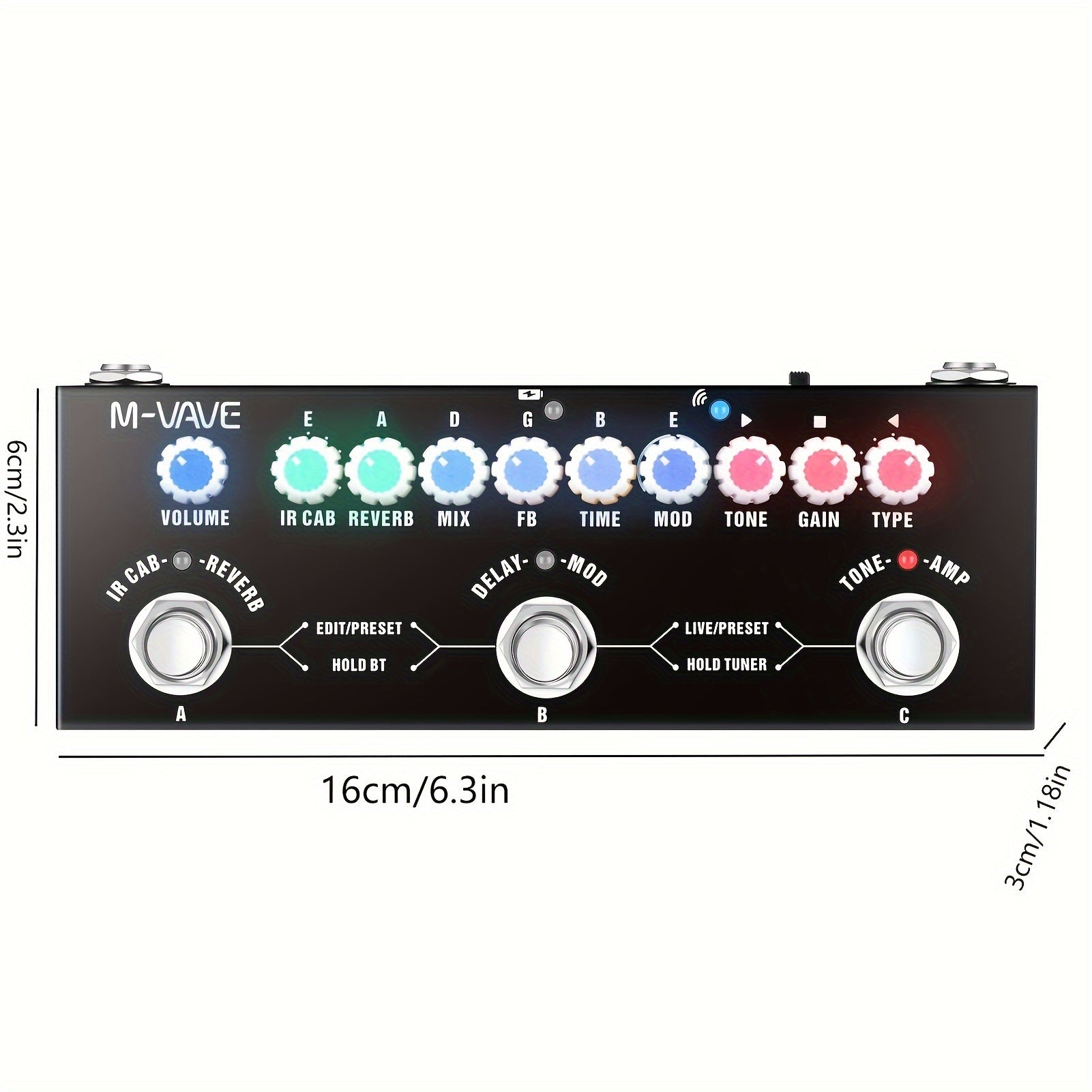 Pedal de Guitarra Portátil 3-en-1 M-VAVE - Procesador de Efectos Multifuncional Recargable por USB para Guitarras Eléctricas, Bajo y Acústicas - Construcción Duradera de Hierro con Perillas Codificadas por Colores, True Bypass y Pantalla LCD, Pedal de Mú