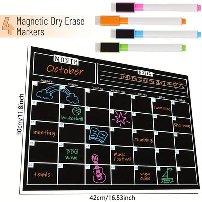 Calendario Magnético Negro Elegante y Eficiente para Nevera - 37.34 x 29.97cm Material PET, Planificador Mensual con Notas Semanales y 4 Marcadores Coloridos, Ideal para Organizar Actividades Familiares y Recordatorios