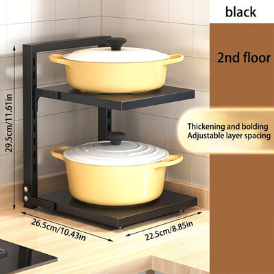 Estante de olla de acero inoxidable de 2 niveles, organizador de cocina ajustable para almacenamiento en encimera y debajo del fregadero, duradero y resistente a la corrosión, forma rectangular, soporte de olla montado en pared para uso en cocina hogareña