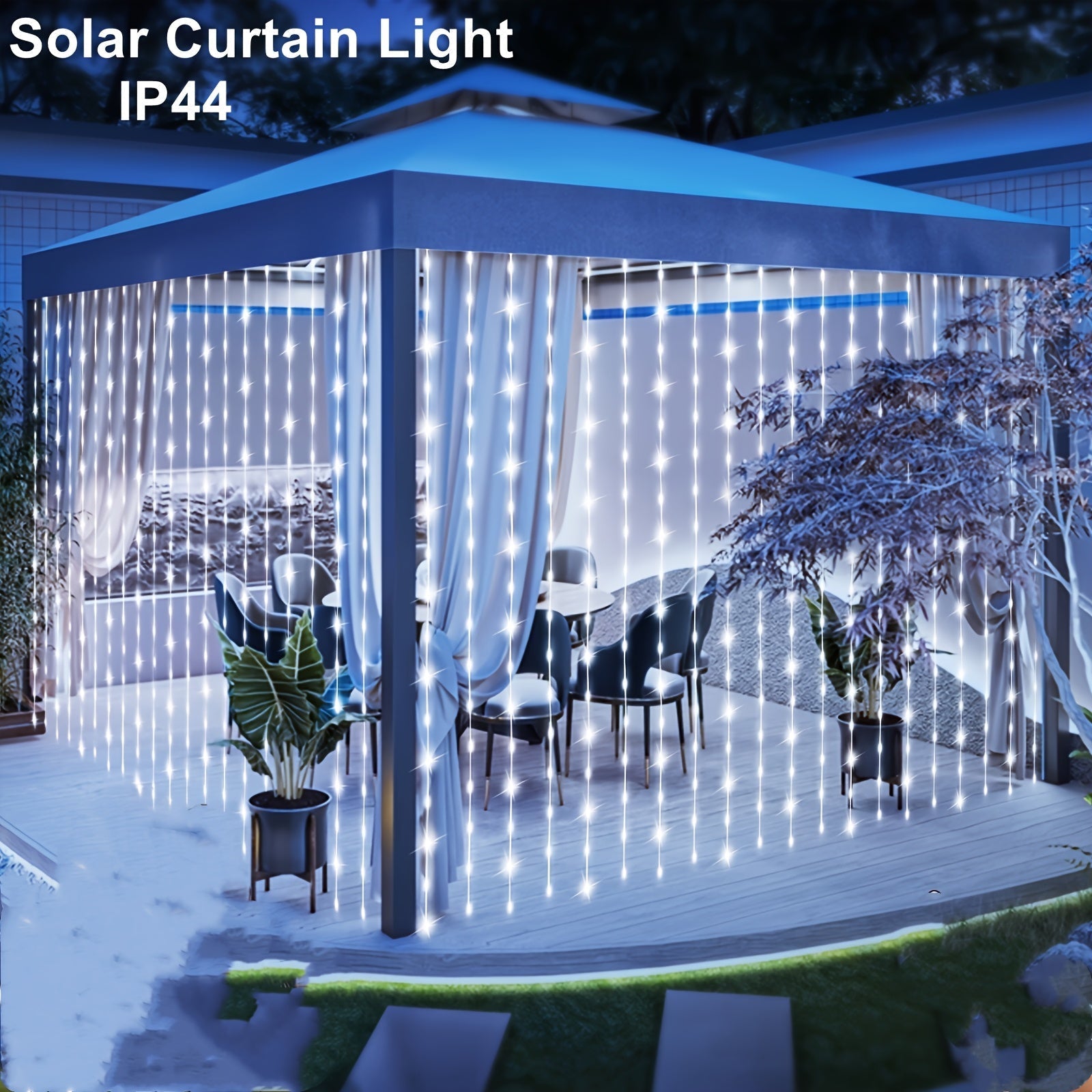 1 pieza de 118,5 pulgadas (298,7 cm) de luces de cortina solares - 8 patrones de luces de hadas, energía solar, estructura duradera - Perfecto para decoración de exteriores de boda, fiesta, balcón, patio y jardín con colores, blanco cálido y blanco. 1 pi
