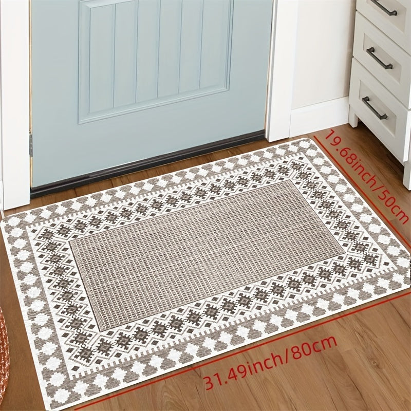 1 pieza de alfombrilla tejida estilo bohemio, alfombrilla rectangular antideslizante, suave y lavable en máquina, fibra de poliéster, adecuada para sala de estar, dormitorio y entrada.