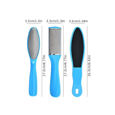 3 piezas Juego de pedicura azul - Lima de pies de acero inoxidable de doble cara, removedor de callos manual, exfoliante de piel muerta, herramientas de cuidado de pies de plástico para uso doméstico o en salón, sin perfume, no necesita electricidad, reg