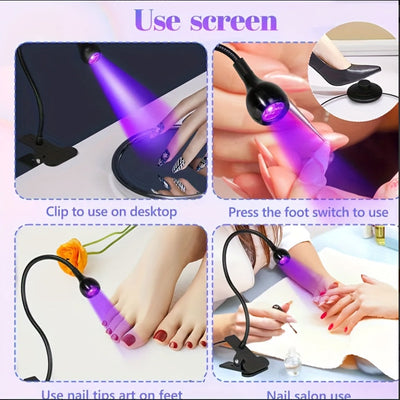 Linterna de uñas - lámpara flash de secado rápido con control por pie, cuello flexible y pinza, adecuada para gel X, manicura en casa o salón, negra