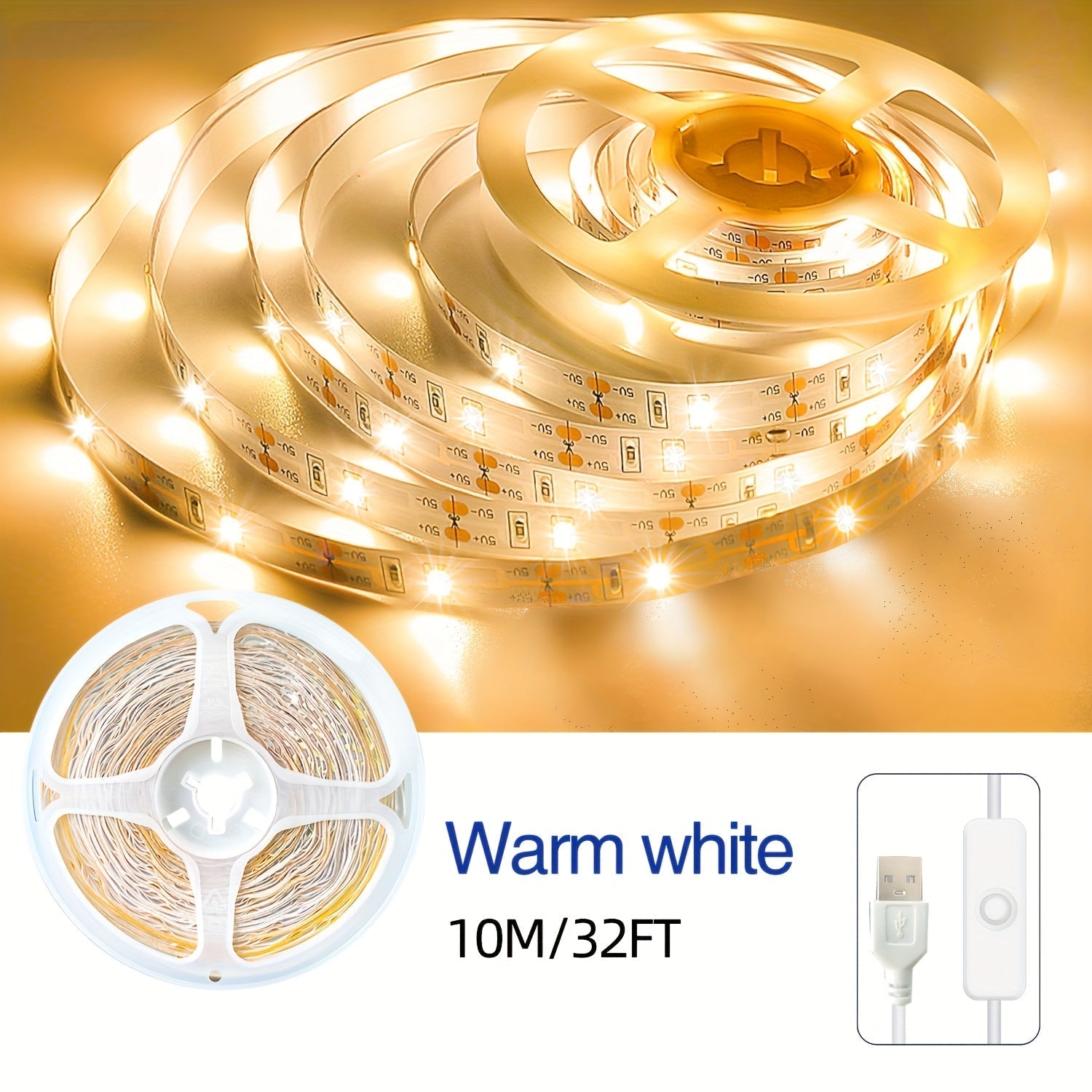 Tira de luces LED regulable de 4.88 a 15.24 metros, alimentación por USB con control de botón, blanco cálido/frío, fácil instalación para decoración de dormitorio, armario o cocina, luces LED para habitación