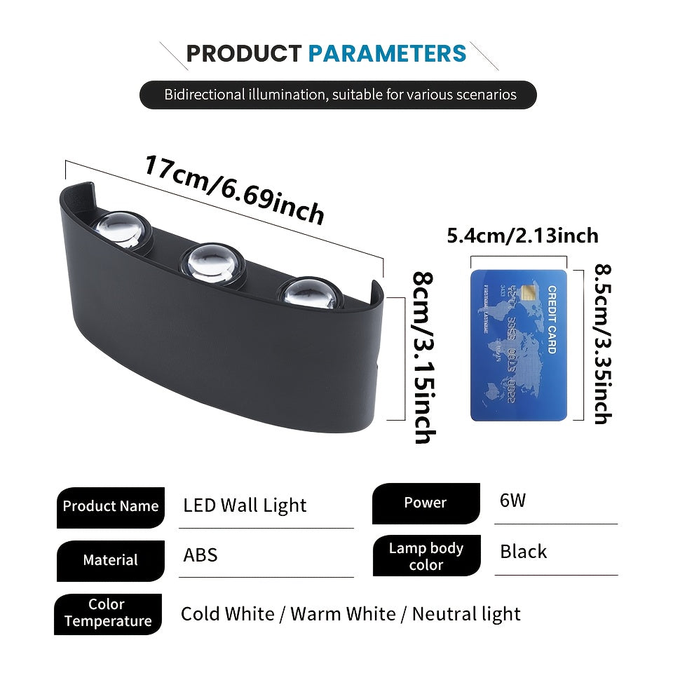 Pack de 2 Luces de Pared LED Modernas 6W 85-265V Alta Calidad, Montaje Semienterrado en Plástico ABS con Herrajes, 3 Temperaturas de Color (Blanco Frío/Cálido/Natural) - Iluminación de Pared Arriba y Abajo para Hogar, Escaleras, Dormitorio, Baño, Ilumina