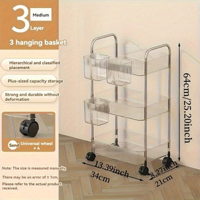 Carro de Almacenamiento Acrílico con Ruedas de Tres Niveles, Organizador Transparente Multicapa con Marco Triple de Aluminio para Baño, Cocina y Sala | Diseño Giratorio 360°, Estructura Moderna en Plástico Portátil para Fácil Acceso
