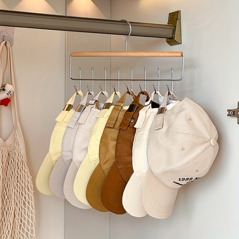 1 pieza de organizador de sombreros de madera versátil con ganchos - Ideal para gorras, cinturones, corbatas y almacenamiento de accesorios - Solución de armario que ahorra espacio para el hogar, dormitorio o exhibición en tiendas, organizador de ropa