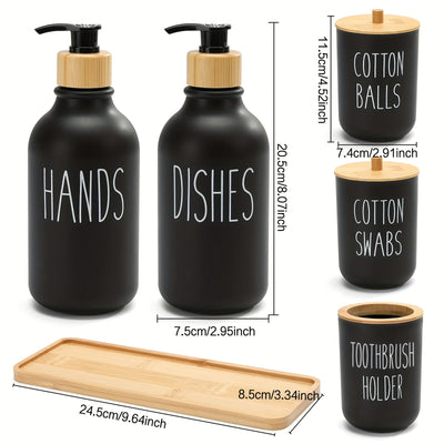 Juego de Accesorios para Baño, Juegos de Accesorios de Plástico para Baño de 6 piezas con Bandeja de Tocador, Dispensador de Jabón, Portacepillos de Dientes, Porta Cepillitos y Bolas con Tapas de Bambú, Estilo Bohemio, Decoración Moderna para el Baño
