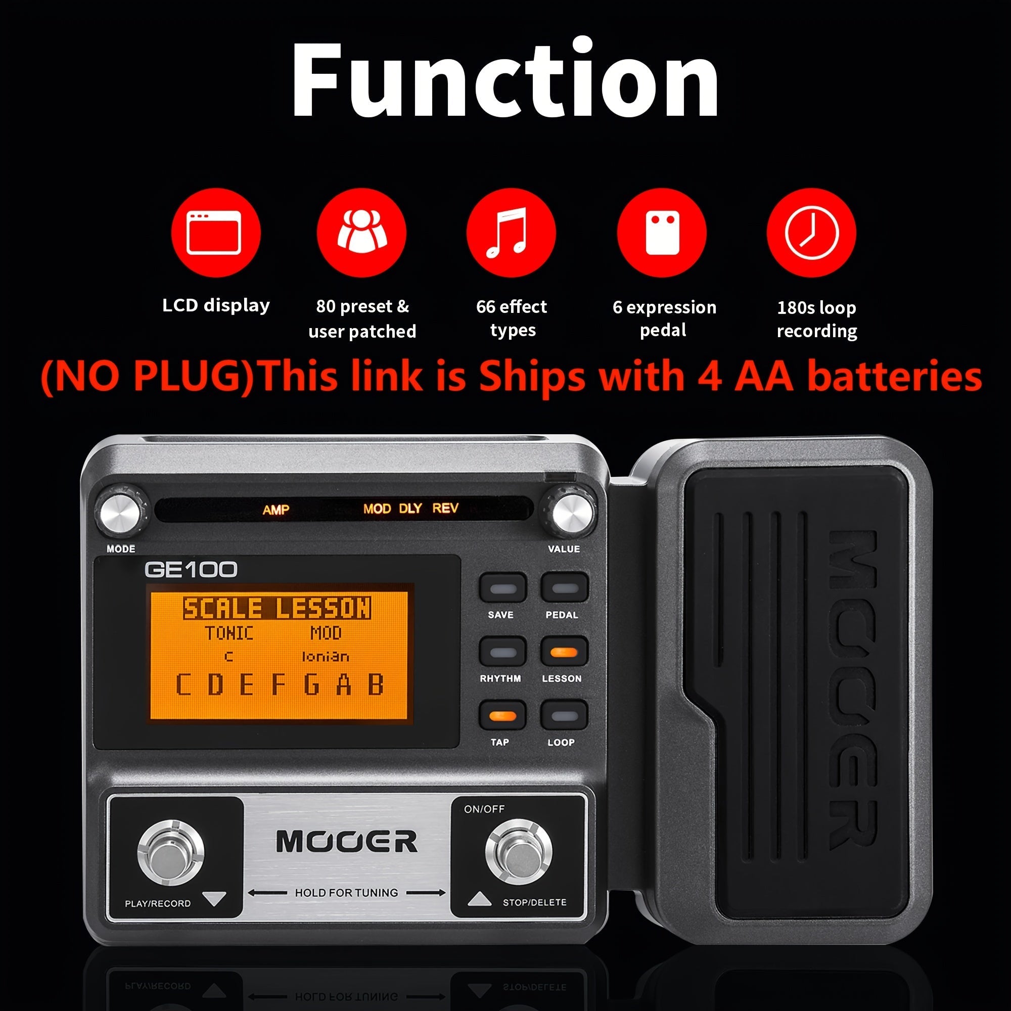 Procesador de Efectos de Guitarra Completo MOOER GE100 con Pantalla LCD, 80 Tonos Predefinidos, 80 Tonos Editables por el Usuario, 8 Módulos de Efectos, 66 Tipos de Efectos, Grabación en Bucle de 180 Segundos, Simulación de Altavoz + Simulación de Un Sol
