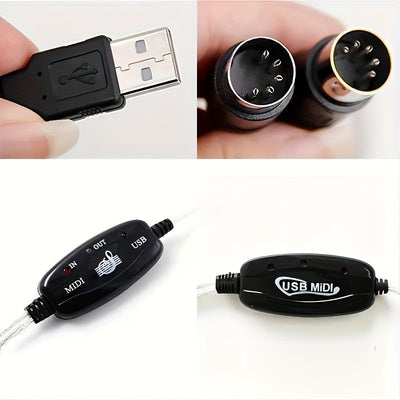 1pc 2-en-1 Cable Convertidor USB a MIDI, 16 Canales Cable de Interfaz Redonda Macho a Hembra Cat5e, Adaptador de Teclado Sintetizador Plug & Play para PC, Estudio de Música, Portátil, Windows, Mac - No Se Requiere Batería