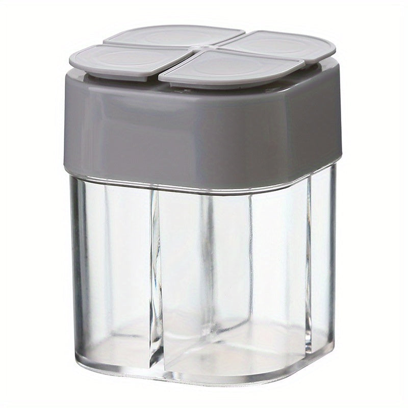 Tarro de Condimentos de Sal y Pimienta de Plástico 4-en-1, Dispensador de Especias Vacío de 4 Compartimentos con Tapa, Tarro de Especias de Viaje con Etiquetas para Cocina y BBQ, 1pc