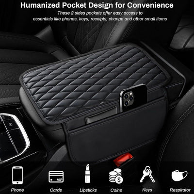 Cubierta de consola central del coche, cubierta de descanso de brazo de coche de piel sintética de microfibra mejorada con 2 bolsas de almacenamiento, cubierta de descanso de brazo universal para caja de almacenamiento de coche, accesorios de interior de