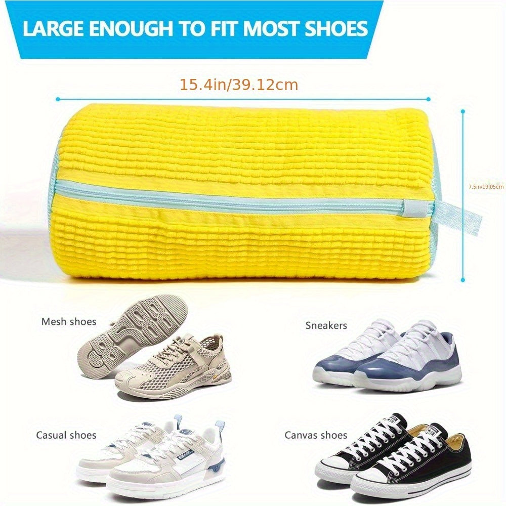 Bolsa lavadora resistente para todo tipo de zapatos, amarilla con cierre azul, tela de felpa con interior esponjoso y reducción de ruido, bolsa protectora ovalada para tenis, zapatos casuales, segura para lavadora, bolsa de lavado con cierre
