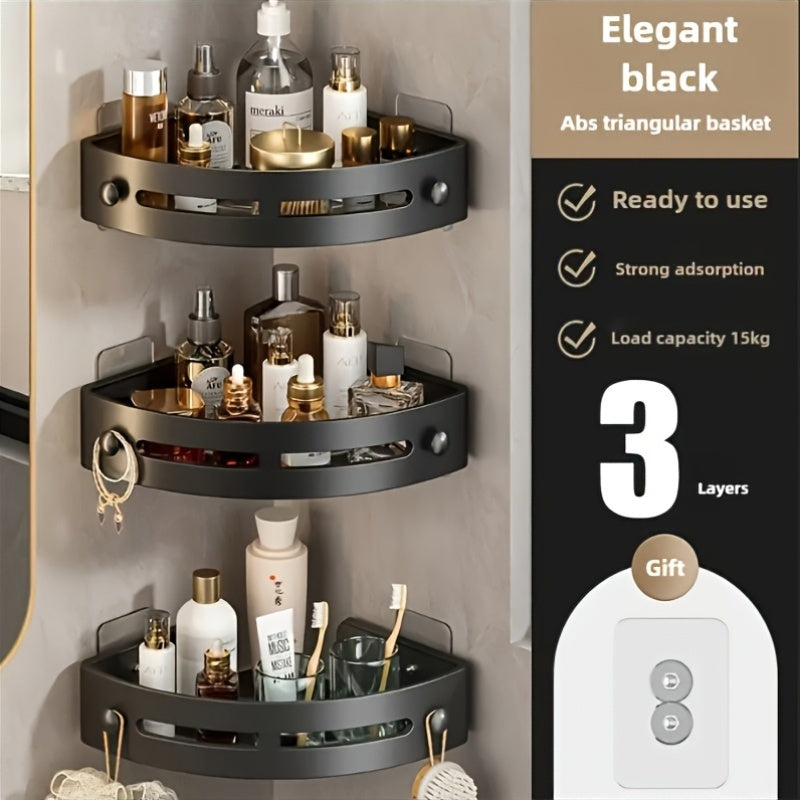 3 estantes de esquina para ducha de plástico negro, organizador de baño montado en la pared sin taladro para champú, jabón y más - diseño de 3 niveles ahorrador de espacio, ideal para cocina y baño, repisas para ducha