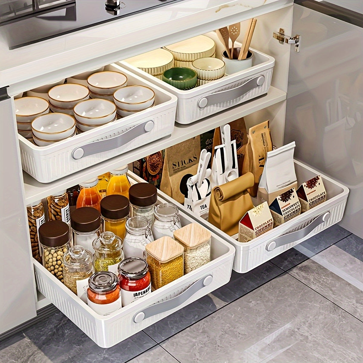 Organizadores de gabinete extraíbles de gran tamaño, estantes de cajón de plástico para cocina, baño, dormitorio - Independientes, tubo metálico incluido, capacidad <3,2 pies cúbicos, altura <68,58 pulgadas