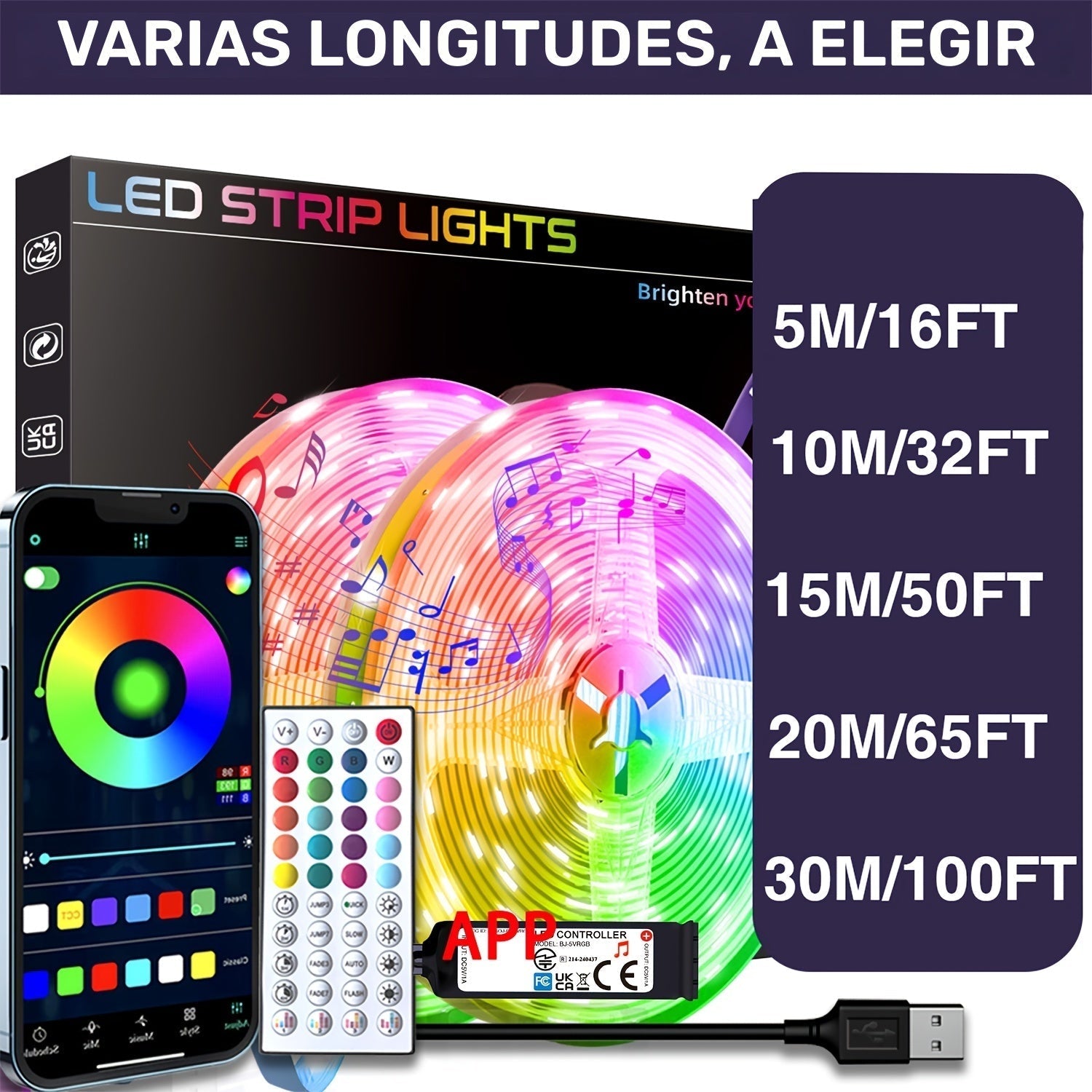 Tira de luces LED para habitación, 4.88m-30.48m, control por app inteligente, sincronización con música, cambio de color, con control remoto y temporizador, decoración para cuarto, hogar, fiestas y hoteles