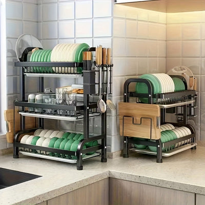 Organizador de Cocina Multifuncional Mejorado de 2 o 3 Niveles con Sistema de Drenaje - Estante para Utensilios, Ollas y Platos en Plástico y Metal Duradero - Almacenamiento Ahorrador de Espacio para Encimera Moderna,