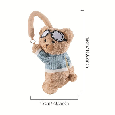 Soporte para Pañuelos de Asiento Trasero del Coche con Diseño de Oso Lindo - Suave Peluche con Dibujos Animados y Salopete Azul & Gafas, Almacenamiento Colgante Multifuncional para Acceso Fácil, Apto para Coches, Hecho de Poliéster Duradero