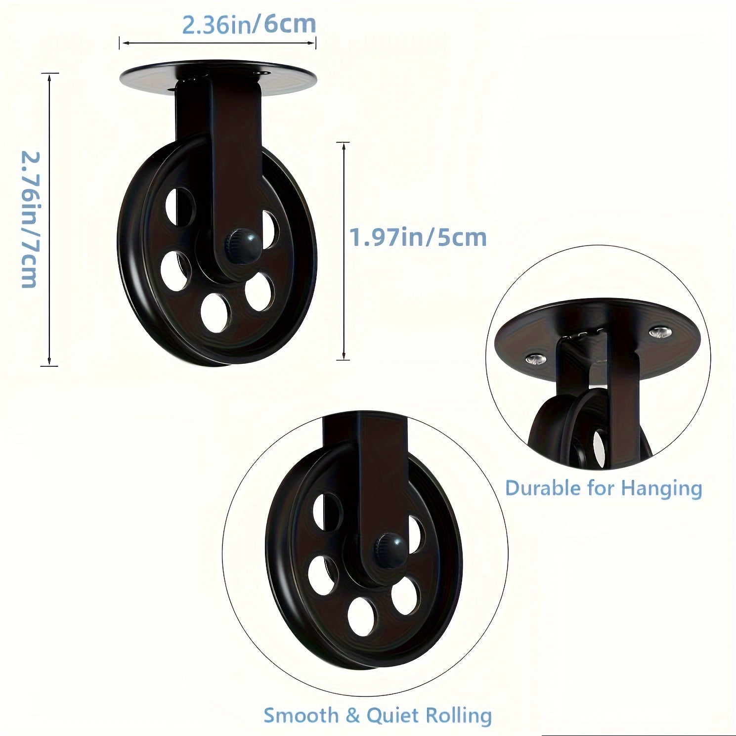 Un conjunto de 2 poleas negras de 2 pulgadas, 2 para luces de araña, diseñadas para poleas de pared vintage para luces de crecimiento de plantas en un gazebo industrial rústico.