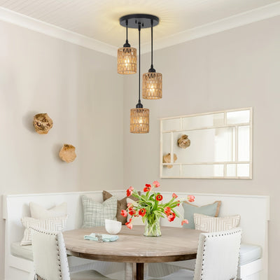 Colgante de Ratán Estilo Boho Chic con 3 Luces - Pantalla Tejida a Mano, Lámparas Colgantes Modernas, Ideal para Comedor de Granja, Isla de Cocina y Decoración del Dormitorio