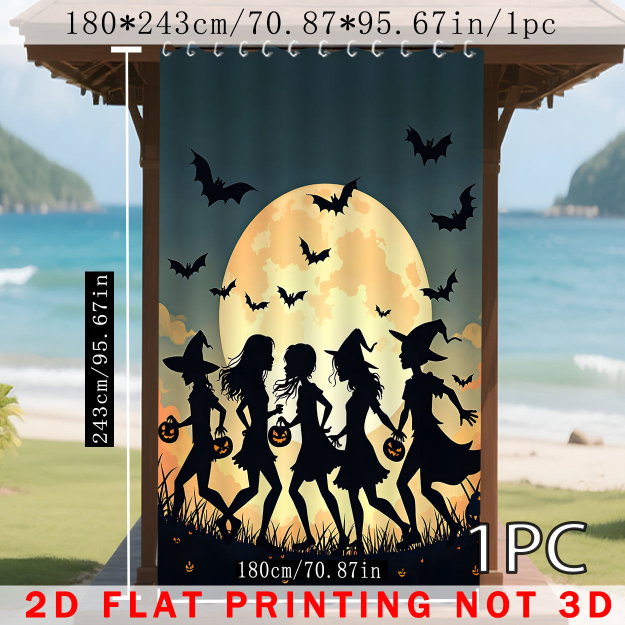 1pc/2pcs Cortinas para Exteriores, Diseño de Escena de Bruja en y Naranja con Estampado 2D, Adecuadas para Patio, Cenador, Jardín, Todas las Estaciones, Incluye Ganchos, Decoración Temporal para Halloween, Navidad y Bodas