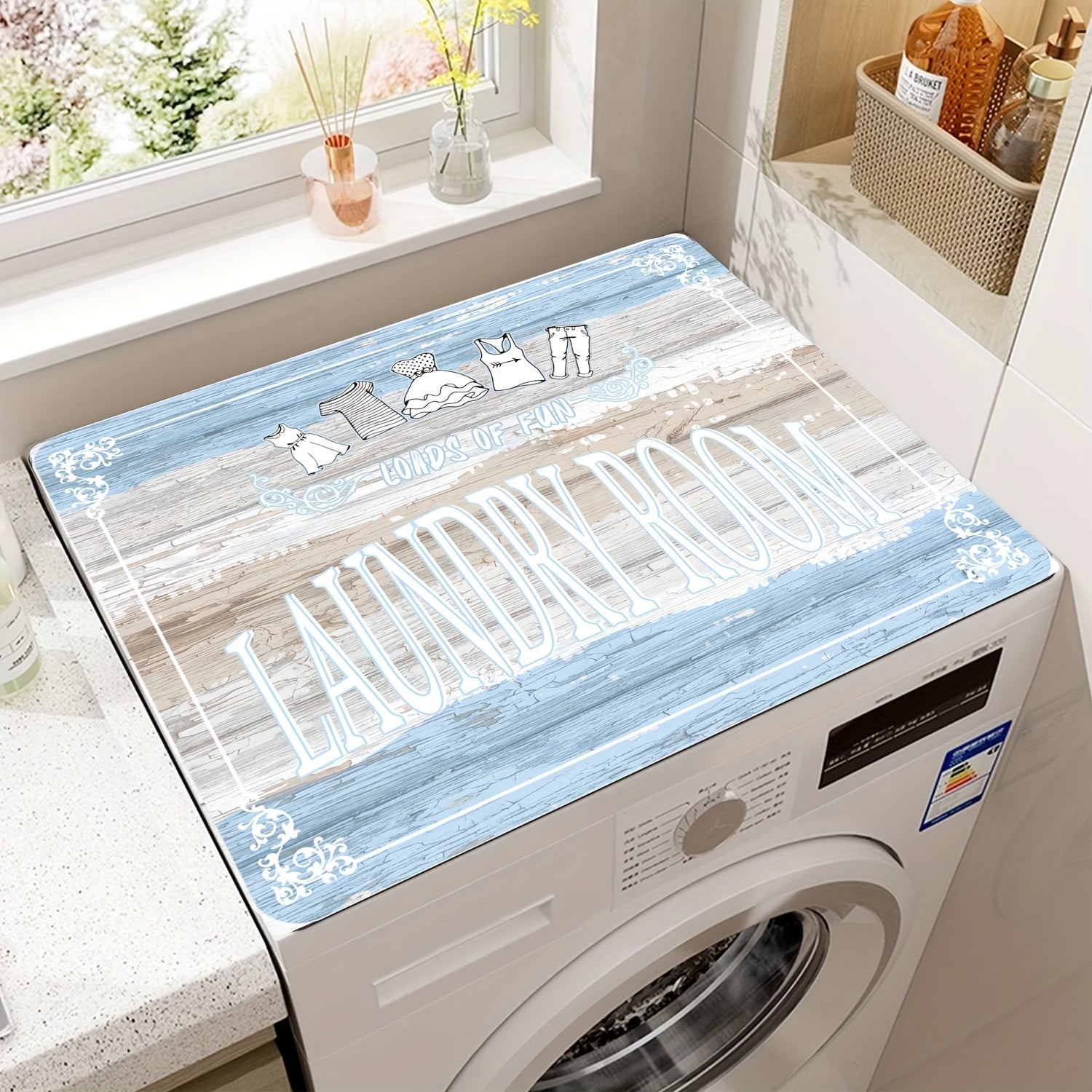 1pc Alfombrilla Absorbente y Antipolvo para Lavadora y Secadora - Diseño "Cuarto de Lavado" con Borde Decorativo en Blanco y y Patrones Florales, Protector Fácil de Limpiar para Cocina, Baño y Accesorios de Lavandería, Decoración Elegante para Suelos