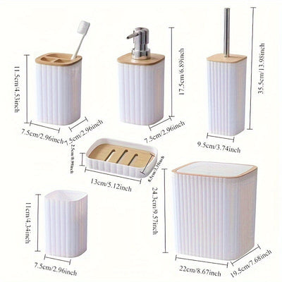 Juego de accesorios de baño de 6 piezas negro con soporte de cepillo de dientes, dispensador de jabón, bote de basura, cepillo de inodoro y soporte, plato de jabón - Plástico duradero, reutilizable, montaje en suelo