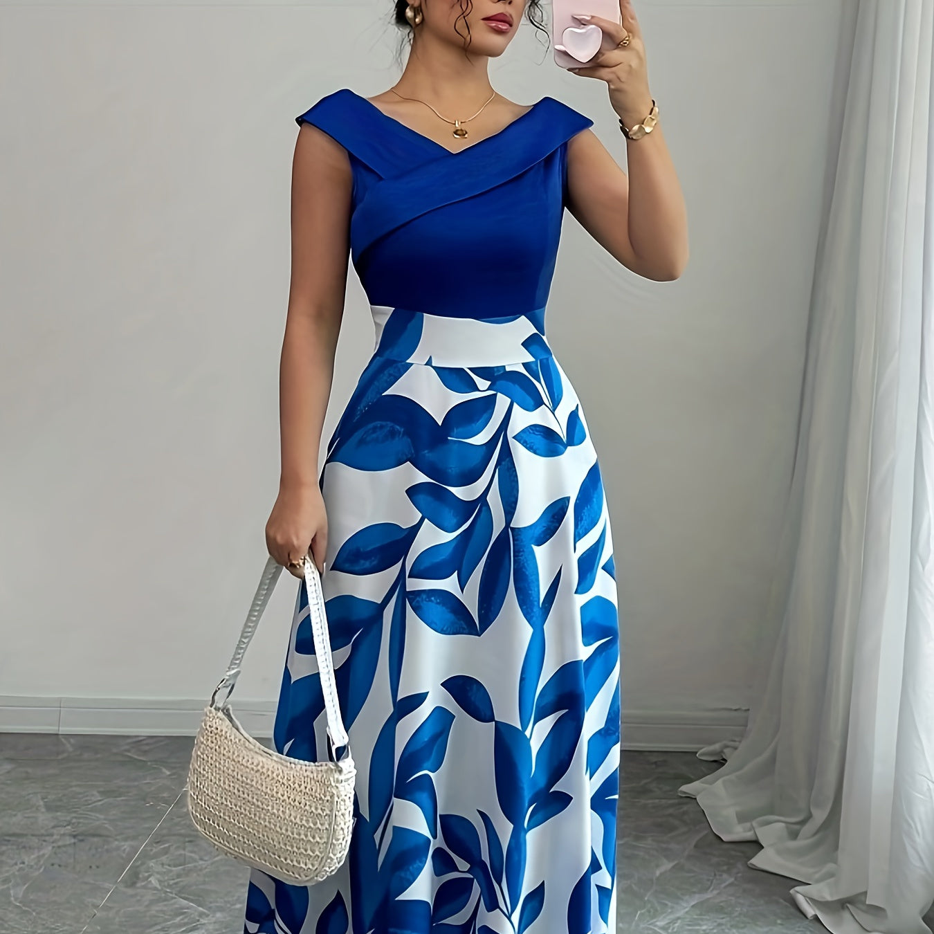 Vestido elegante para mujer con escote en V, estampado floral y bolsillos, línea A, manga corta, cintura entallada y falda fluida, ideal para verano, blanco con diseño de hojas verdes, para uso casual o formal | Vestido estampado floral | Diseño con cint