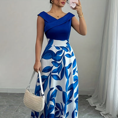 Vestido elegante para mujer con escote en V, estampado floral y bolsillos, línea A, manga corta, cintura entallada y falda fluida, ideal para verano, blanco con diseño de hojas verdes, para uso casual o formal | Vestido estampado floral | Diseño con cint