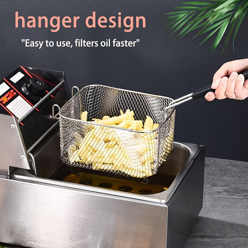 Cesta de freír de acero inoxidable con mango plegable, malla resistente al calor, adecuada para papas fritas, alas de pollo y snacks, fácil de limpiar, ideal para uso doméstico y comercial en la cocina.