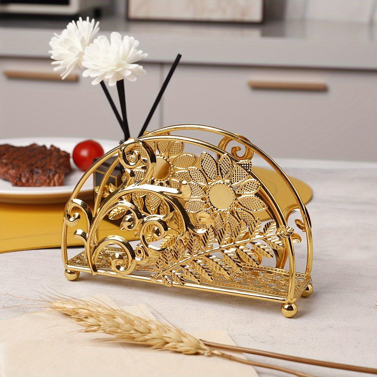 Soporte para servilletas de metal dorado vintage con diseño floral elegante, 1 unidad - Intrincado diseño de hojas y flores, perfecto para comedor, cocina o decoración de hotel, organizador de cocina, accesorio elegante, soporte decorativo