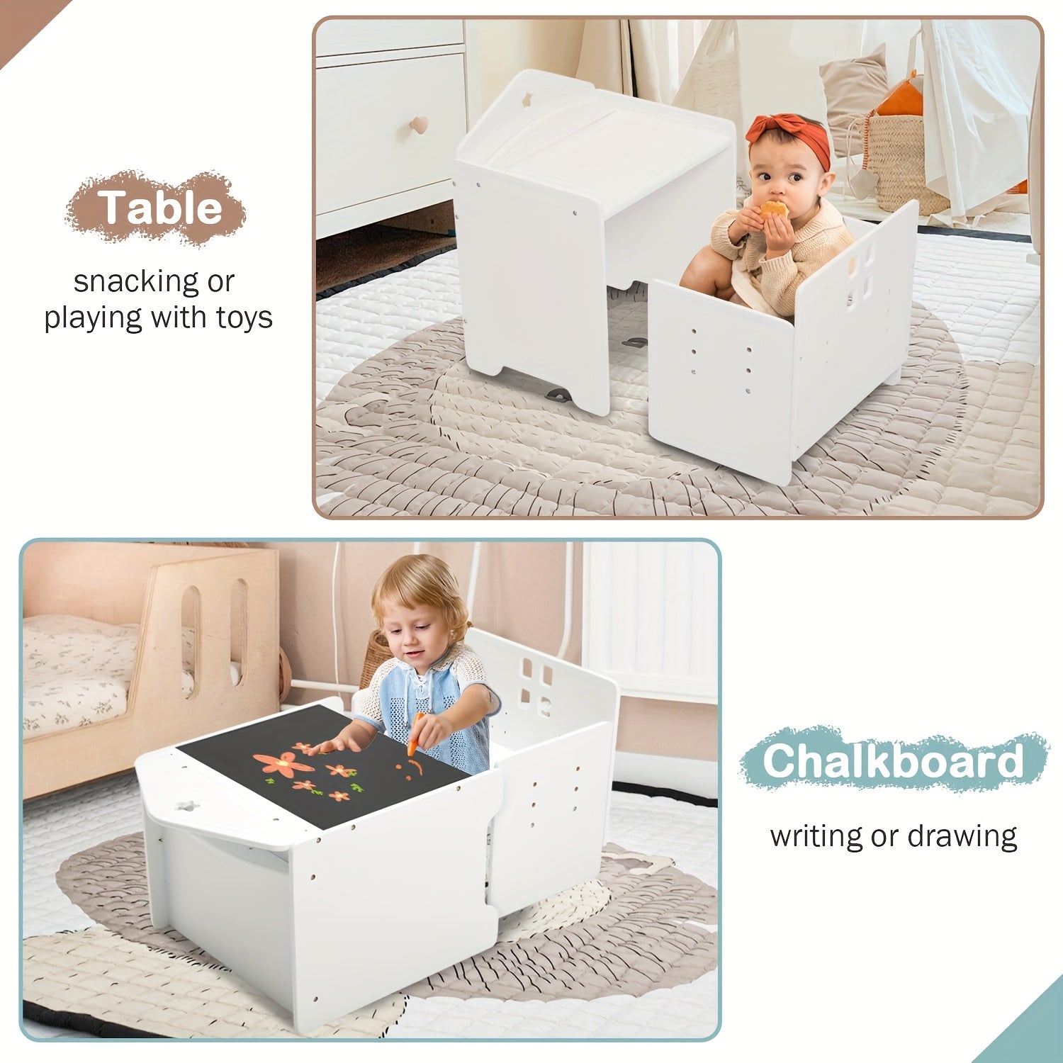 Juego de mesa y sillas soltarabebe, mesa de madera para niños con pizarra negra, sillas ajustables en altura, ideal para dibujar, comer y fácil almacenamiento