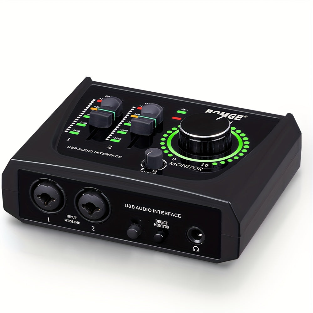 BOMGE Mini 2 canales USB Audio Interface Profesional, de Estudio con iluminación RGB de 16 bits, mezcla de 2 canales, para grabación, transmisión, podcasting - Ideal para guitarristas, vocalistas, creadores de contenido y podcasters, material ABS, alimen