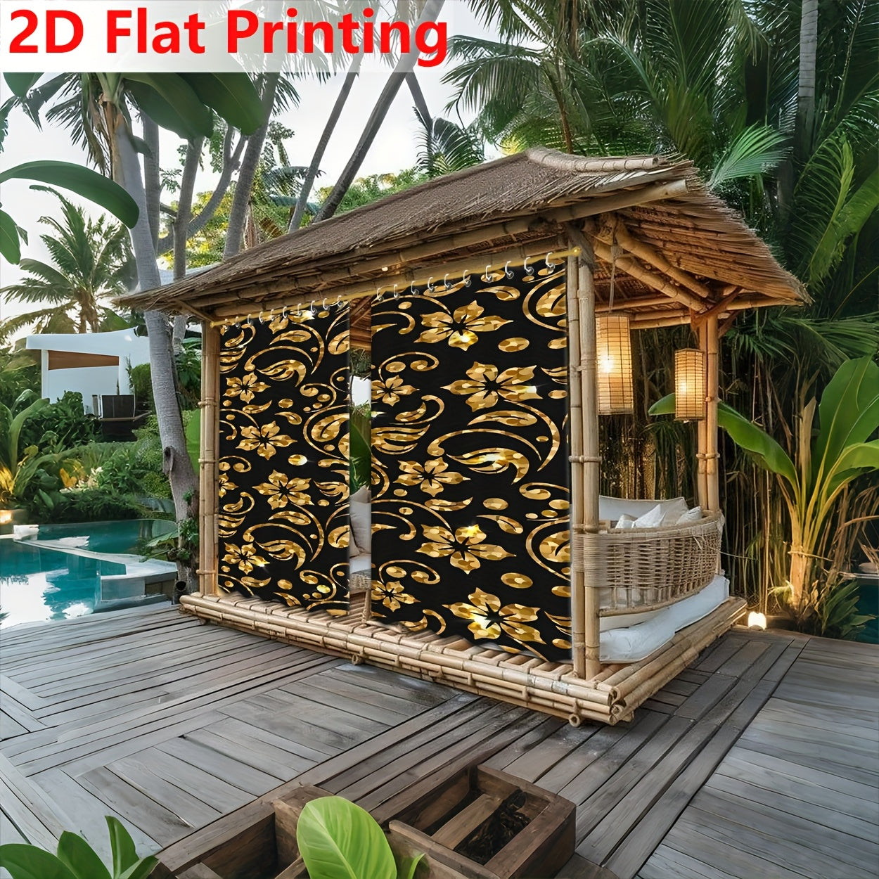 2D Cortinas de Impresión Plana, 2 Piezas – Diseño Digital Entrelazado y Dorado para Decoración Primavera/Verano, Ideales como Cortinas de Puerta, Patio, Uso Interior/Exterior, Tela de Fondo para Corredores, Balcón, Jardín, Dormitorio o Sala, Decoración F