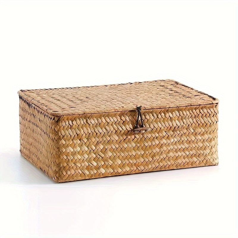 Caja de almacenamiento tejida a mano estilo vintage con tapa - Organizador rectangular multifuncional para decoración del hogar, material de fibra natural, caja de almacenamiento decorativa | Caja de fibra natural | Diseño tejido, cestas de estantería