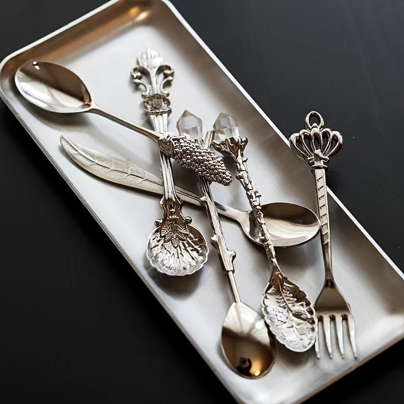 6 Paquetes/Conjunto, Cucharas de postre doradas estilo europeo, Cucharas de café vintage, Cucharas de postre de frutas talladas en metal estilo retro, Adecuadas para cocina y comedor, Estilo clásico, Algunos estilos son aleatorios.