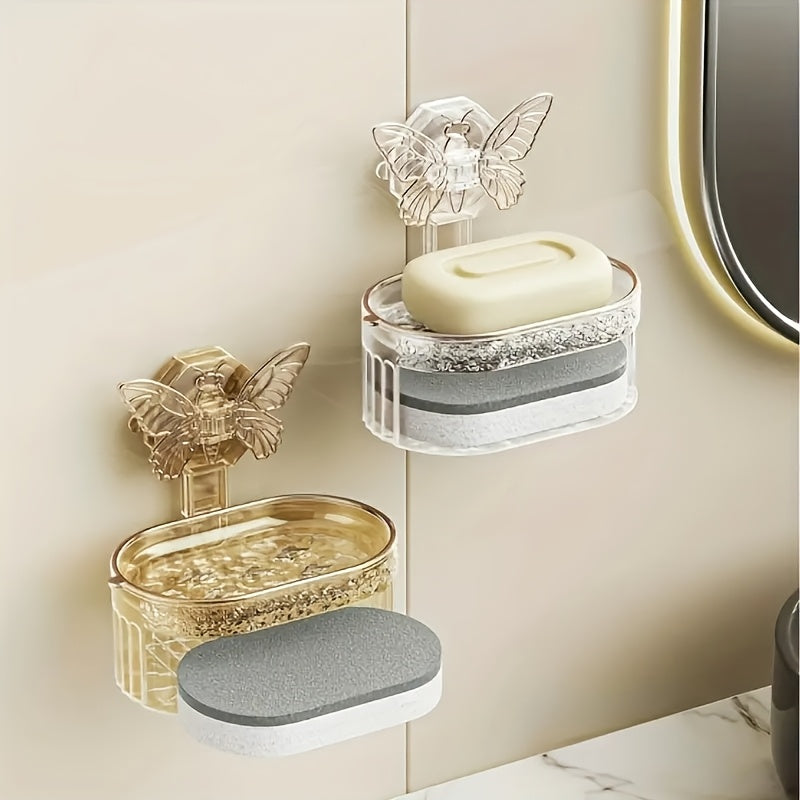 Conjunto de 2 hermosas mariposas jaboneras, caja de drenaje de doble capa con esponja, sin perforaciones ni marcas para montaje en pared, adecuado para baño y cocina, regalo de San Valentín, estantes