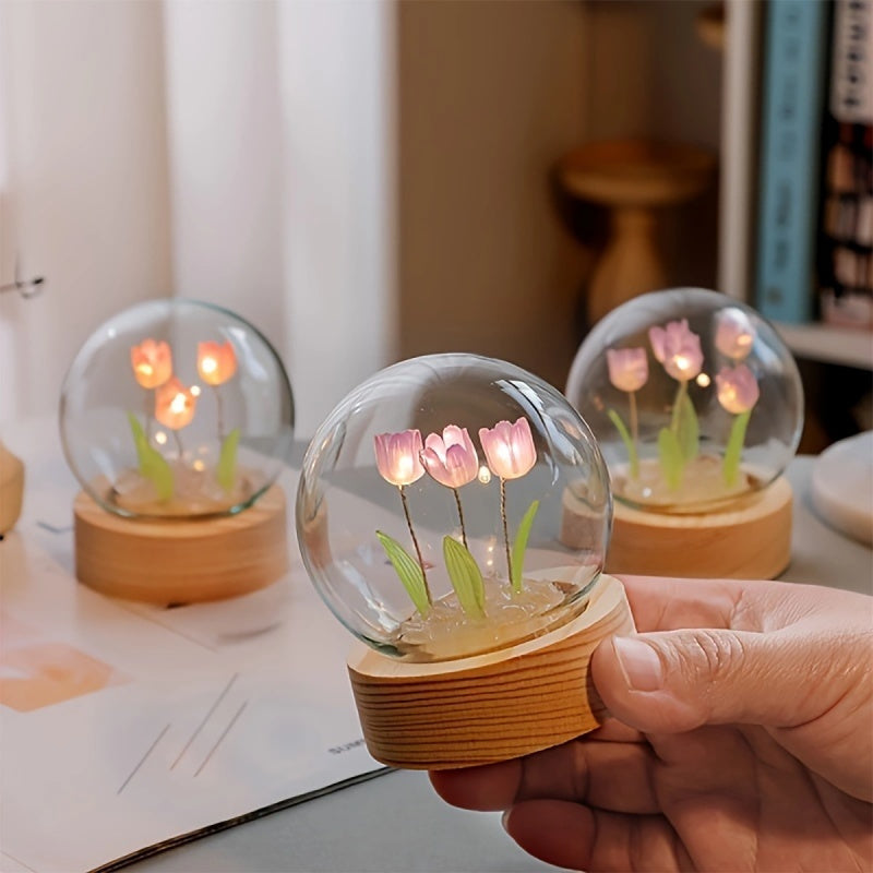 1pc Luz Nocturna Mini Tulipán Hecha a Mano, 2.36in/60mm, Lámpara Decorativa de Mesa Floral Moderna con Pantalla de Vidrio, Luz de Pared con Pilas para Habitación, Escritorio, Sala de Estar, Dormitorio - Ideal para Navidad, San Valentín, Regalos de Cumple