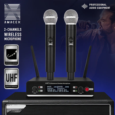 Sistema de micrófono inalámbrico UHF de doble canal AmaceX GM-621 con control de volumen, conector de 6.35 mm, ideal para escenarios, bandas, estudios, músicos y karaoke