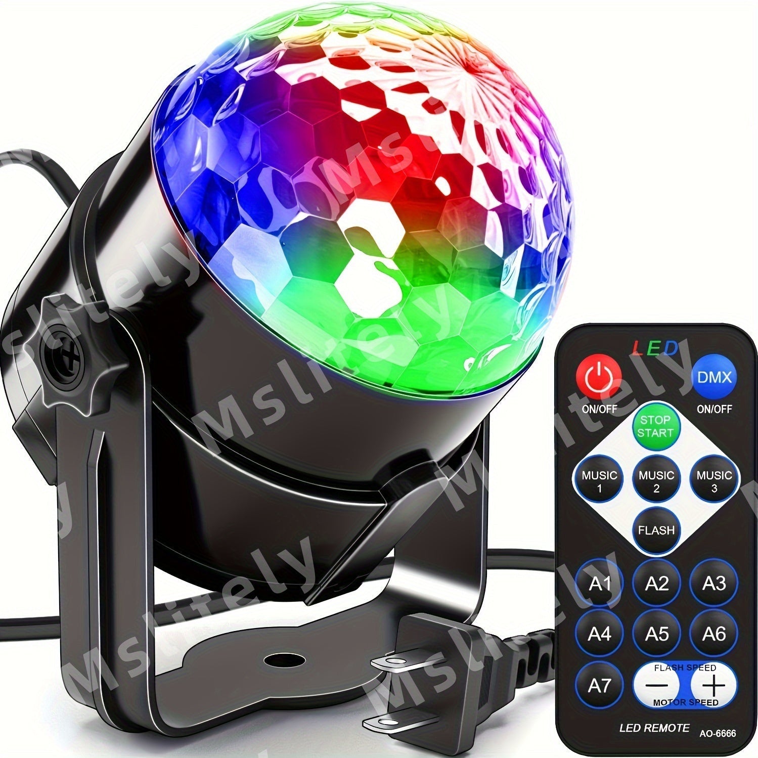 1 bola de espejos para fiestas con luces, fuente de alimentación para EE. UU. (con control remoto), 7 colores, control por sonido, sincronización musical, luces estroboscópicas para DJ, decoración de fiestas, solteros, graduación, cumpleaños