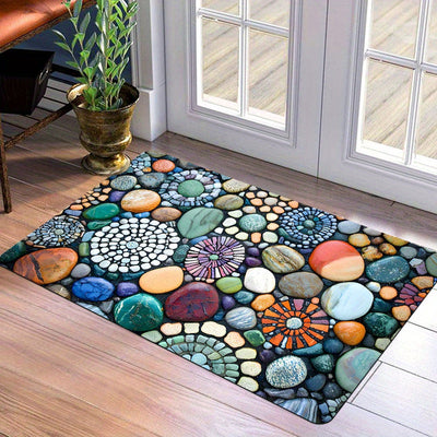 Tapete de entrada con diseño de piedras coloridas – 1 pieza de franela suave + base de espuma de 1 cm, patrón vibrante de piedras para interior/exterior, secado rápido, poliéster resistente al desgaste, ideal para cocina, baño y puerta principal, tapete