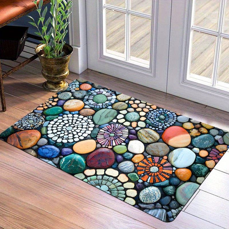 Tapete de entrada con diseño de piedras coloridas – 1 pieza de franela suave + base de espuma de 1 cm, patrón vibrante de piedras para interior/exterior, secado rápido, poliéster resistente al desgaste, ideal para cocina, baño y puerta principal, tapete