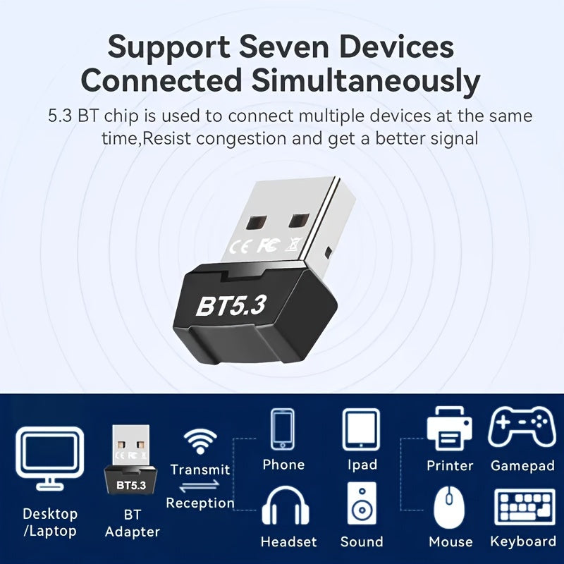 Adaptador sin varillas 5.3, Adaptador BT 5.3, adaptador sin varillas USB, receptor transmisor BT5.3, adaptador sin varillas RTL5.3, compatible con sistemas 8.1/10/11, enchufar y usar sin controladores, admite conexión de múltiples dispositivos al mismo t