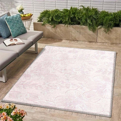 Siete Ciervos Alfombra Floral de Terciopelo para Exteriores - Suave, Antideslizante, Lavable en Máquina, Alfombra de Poliéster para Patio, Césped y Áreas de Alta Circulación, Color Crema con Diseño Floral Rosa, Ideal para Acampar en Camper y Vida al Aire