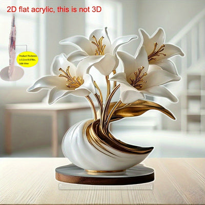 Estatuilla Decorativa Plana en 2D | Adorno de Flor de Lirio y Jarrón de Acrílico - Elección Ideal para Dormitorio, Sala de Estar y Oficina | Adecuado para Hogar, Café, Boda, Aniversario, Ceremonia de Graduación