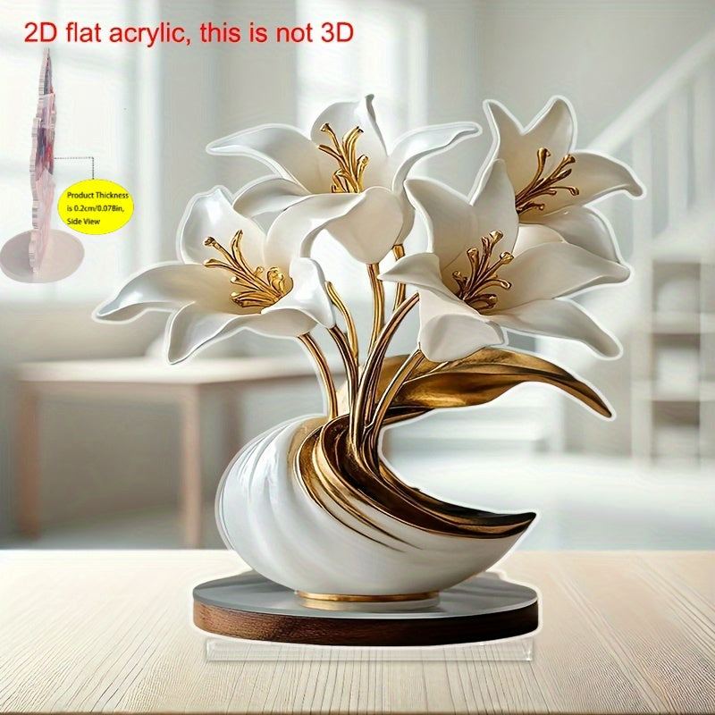 Estatuilla Decorativa Plana en 2D | Adorno de Flor de Lirio y Jarrón de Acrílico - Elección Ideal para Dormitorio, Sala de Estar y Oficina | Adecuado para Hogar, Café, Boda, Aniversario, Ceremonia de Graduación